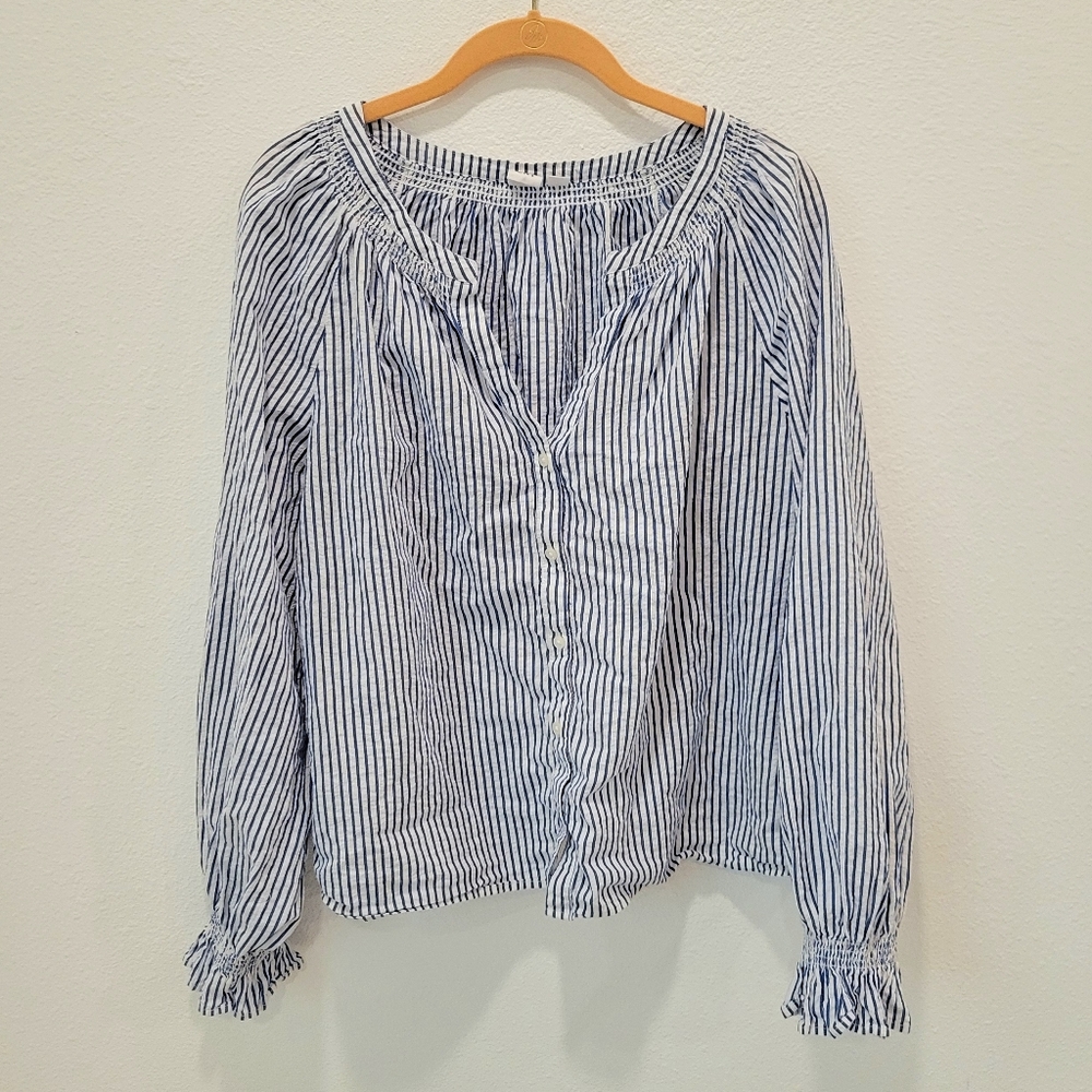 Gap Blue White Pinstripe Peasant Blouse Ruffle Sleeve Women’s XL